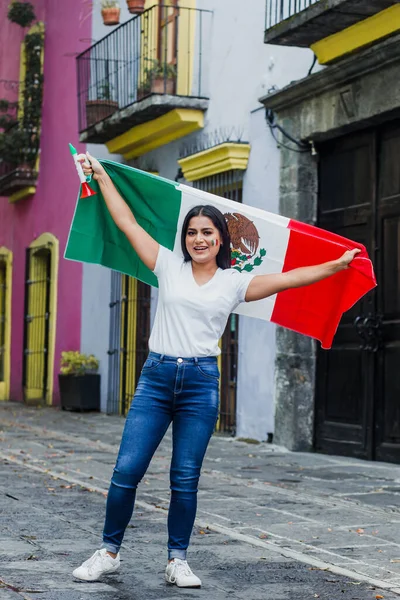 Mexican Woman Independence Day Mexico Holding Flag Mexico — Stock Photo, Image