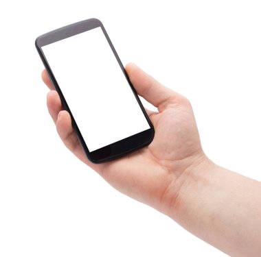 Beyaz arka plan üzerinde izole fotoğraf yapma akıllı telefon tutan bir adam el.