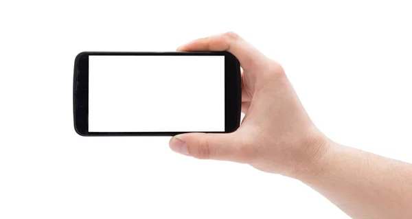 Beyaz arka plan üzerinde izole fotoğraf yapma akıllı telefon tutan bir adam el.