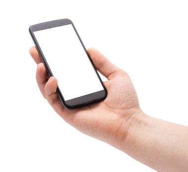 Beyaz arka plan üzerinde izole fotoğraf yapma akıllı telefon tutan bir adam el.