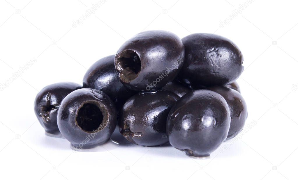 Group of black olives isolated on white background