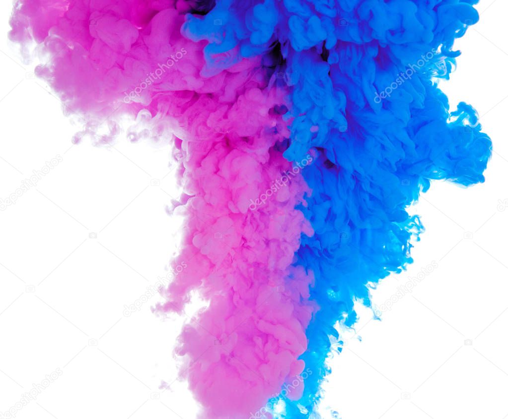 Abstract paint background color of blue and pink ink splash in the water isolated on white background