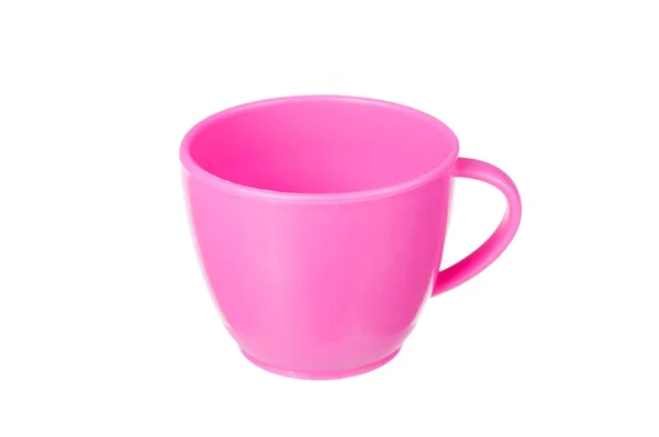 Caneca vazia de brinquedo de plástico rosa para café ou chá isolado no fundo branco — Fotografia de Stock