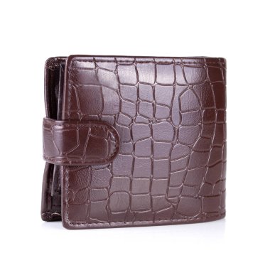 Beyaz arka planda kahverengi, doğal deri cüzdan..