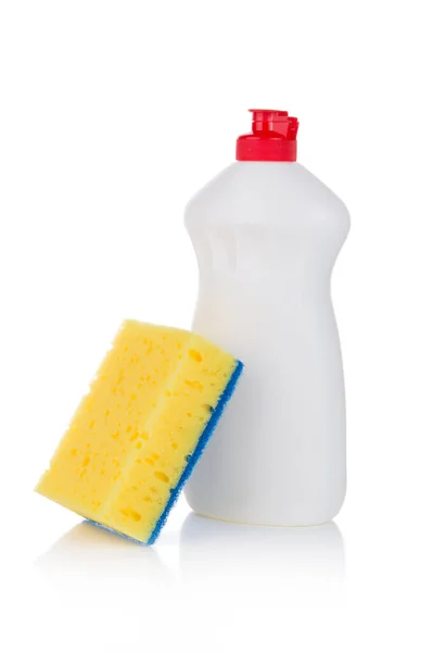 Detergente Para Pratos Com Raspador Esponjas Amarelas Isolado Fundo Branco — Fotografia de Stock