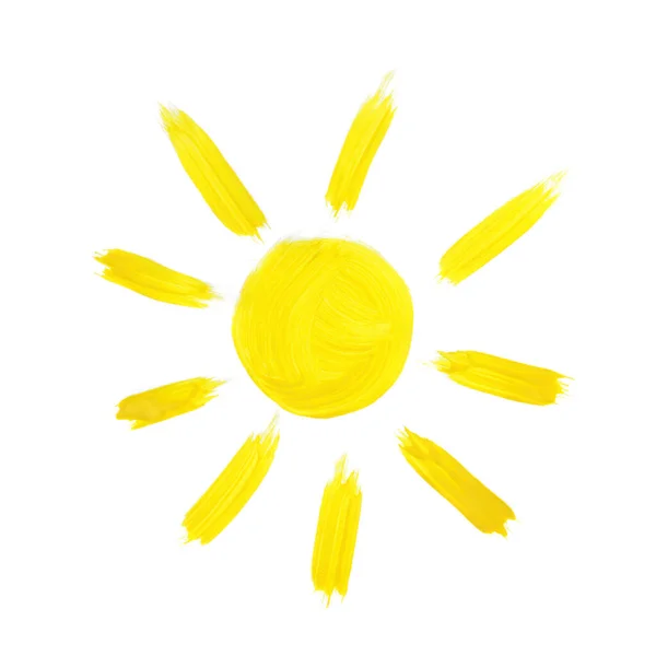 白い背景に孤立した紙に描かれた黄色の水彩の太陽 — ストック写真