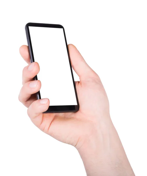 Man Hand Håller Mobiltelefon Med Tom Skärm Isolerad Vit Bakgrund — Stockfoto