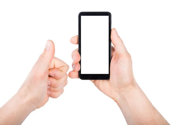 Man Som Håller Smartphone Handen Och Andra Handen Visar Tummen — Stockfoto