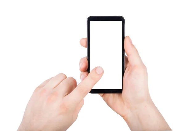 Hand Vidröra Telefon Mobilskärm Isolerad Vit Bakgrund — Stockfoto