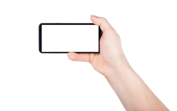 Hand Hålla Mobiltelefon Med Tom Skärm Isolerad Vit Bakgrund — Stockfoto