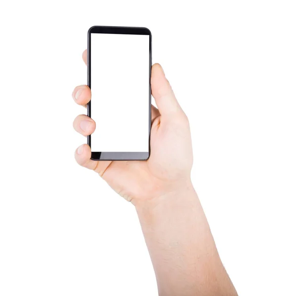 Hand Hålla Mobiltelefon Med Tom Skärm Isolerad Vit Bakgrund — Stockfoto