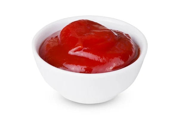 Kis Tál Piros Paradicsom Szósz Ketchup Elszigetelt Fehér Alapon — Stock Fotó