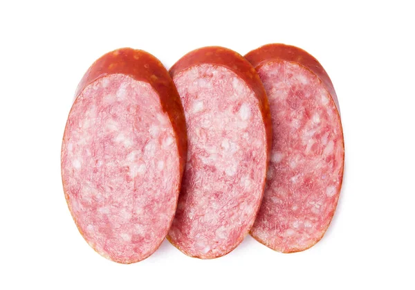 Delicioso Salame Fatiado Fundo Branco — Fotografia de Stock