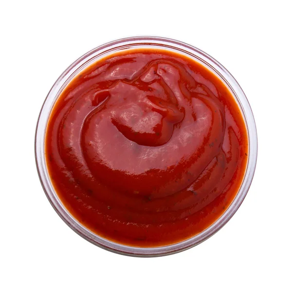 Felső Nézet Tál Ketchup Vagy Paradicsom Mártással Izolált Fehér Alapon — Stock Fotó