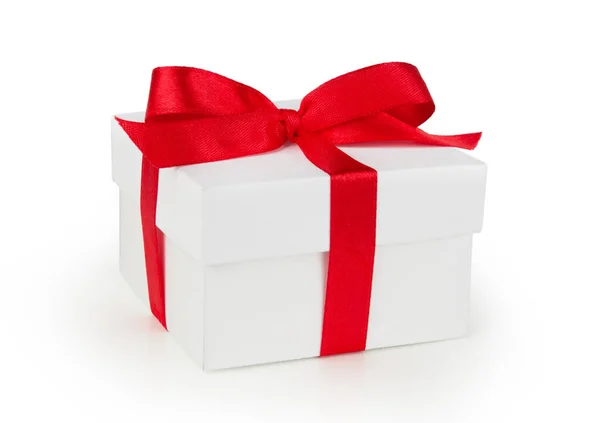 White Gift Box Red Ribbon Bow Isolated White Background — Stock Photo, Image