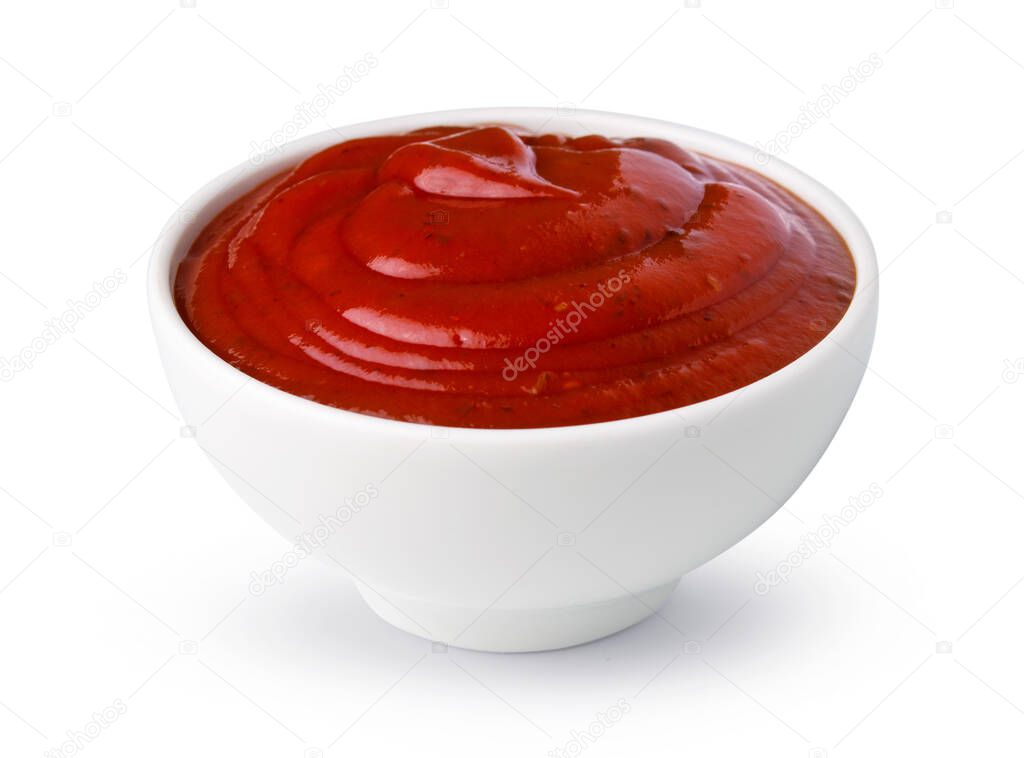 bowl of tomato ketchup isolated on a white background
