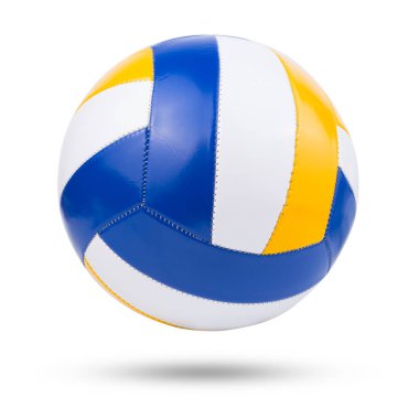 Beyaz arka planda mavi sarı voleybol topu izole edildi