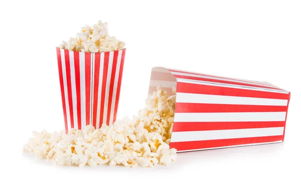 Popcorn Aus Quadratischer Schachtel Auf Weißem Hintergrund Verschüttet — Stockfoto