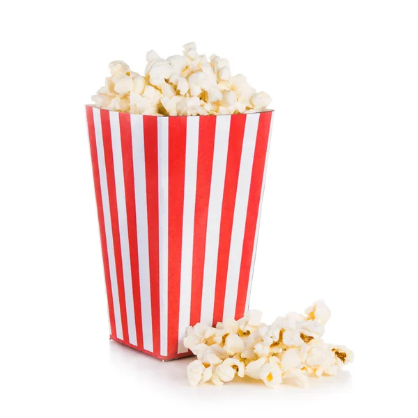 Popcorn Aus Quadratischer Schachtel Auf Weißem Hintergrund Verschüttet — Stockfoto