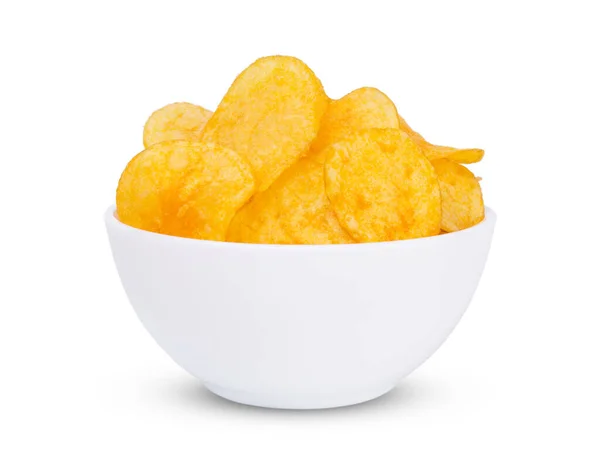 Appetitliche Goldene Chips Schüssel Isoliert Auf Weißem Hintergrund — Stockfoto