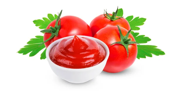 Branche Tomate Avec Ketchup Persil Isolé Sur Fond Blanc — Photo