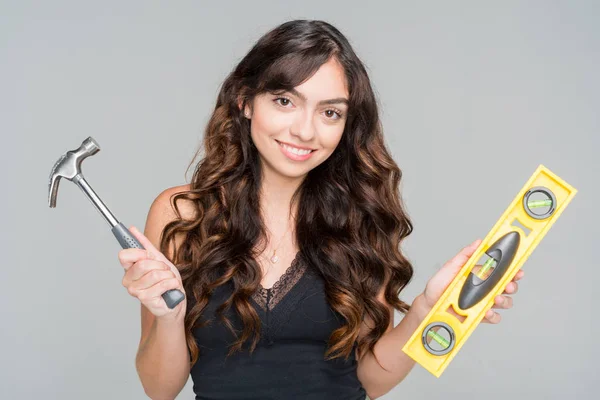 Young Happy Hispanic Woman Doing Some Home Improvement — Stock Photo, Image