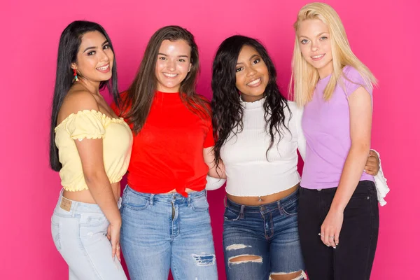 Group Four Teen Girls Having Fun Together Pink Background — Stock Photo, Image