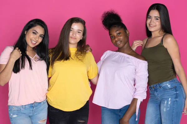 Group Diverse Teen Together Pink Background — Stock Photo, Image