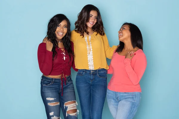 Friends Wearing Colorful Shirts Blue Background — Stock Photo, Image