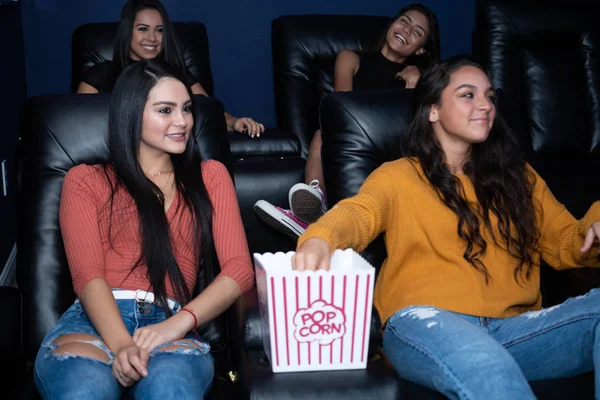 Group Female Friends Watching Movie Home Theater — Stock Photo, Image