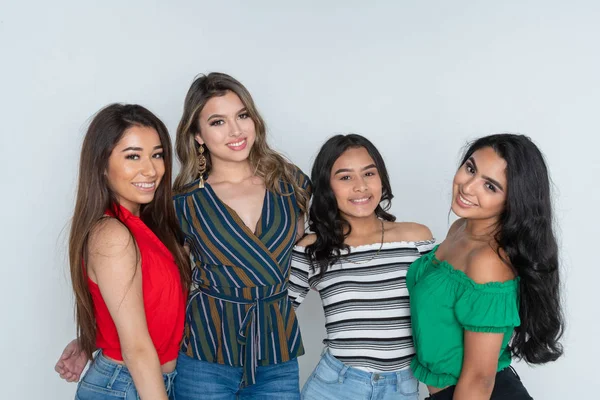 Group Four Teenage Hispanic Female Friends Smiling Laughing — Stock Photo, Image