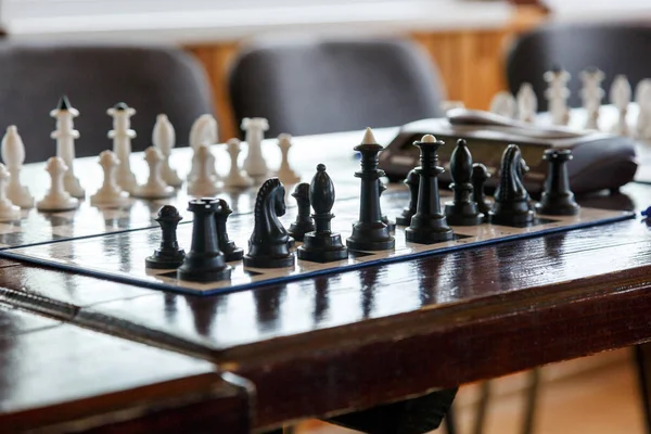 Chessboard Black White Figures Wooden Table — Stock Photo, Image