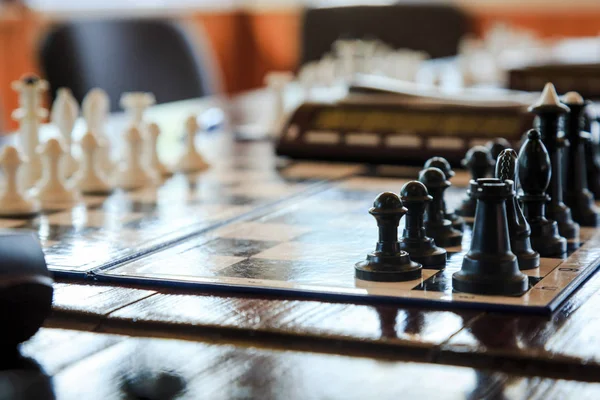 Chessboard Black White Figures Wooden Table — Stock Photo, Image