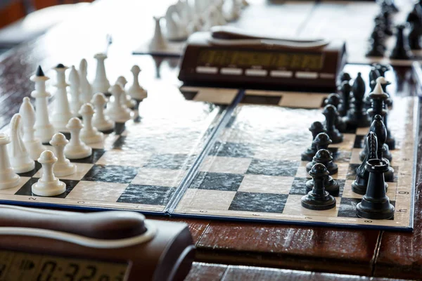 Chessboard Black White Figures Wooden Table — Stock Photo, Image