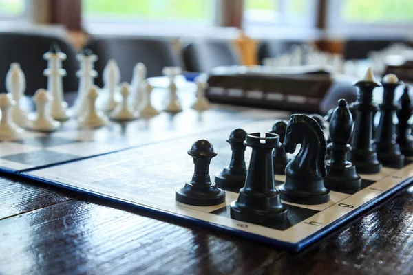 Chessboard Black White Figures Wooden Table — Stock Photo, Image