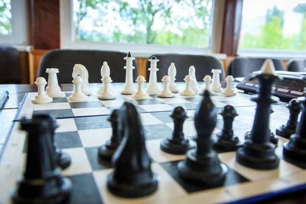 Chessboard Black White Figures Wooden Table — Stock Photo, Image