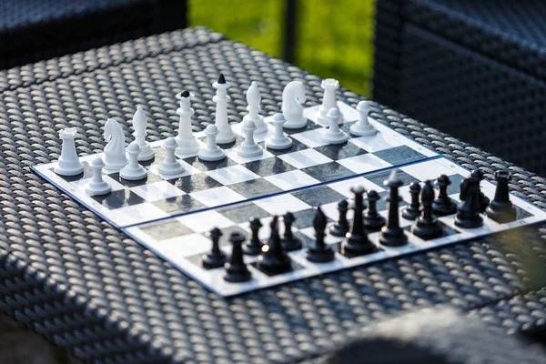 Chessboard Rattan Table Garden Summer Travel Vacation Holidays Concept Education — Stock Photo, Image