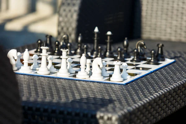 Chessboard Rattan Table Garden Summer Travel Vacation Holidays Concept Education — Stock Photo, Image