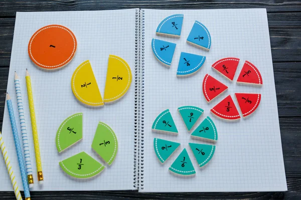 renkli kesirler matematik tahtada. çocuklar için ilginç matematik. Eğitim, okul kavramı başa