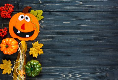 Cadılar bayramı dekorasyonu: yaprakları, rowan, pumpkins, ahşap arka plan afişler. Halloween süslemeleri. Düz yatıyordu boşaltmak, üstten görünüm