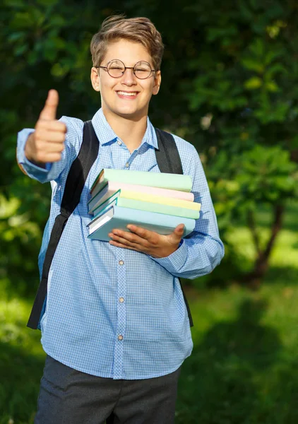 非常可爱 小男孩在圆眼镜和蓝色衬衣与背包在公园里存放书 回到学校概念 — 图库照片