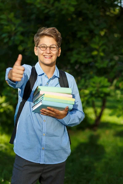 非常可爱 小男孩在圆眼镜和蓝色衬衣与背包在公园里存放书 回到学校概念 — 图库照片