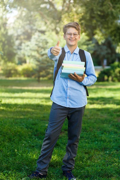 非常可爱 小男孩在圆眼镜和蓝色衬衣与背包在公园里存放书 回到学校概念 — 图库照片