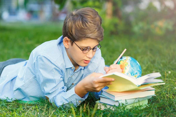 Menino Bonito Óculos Redondos Camisa Azul Encontra Grama Livro Parque — Fotografia de Stock