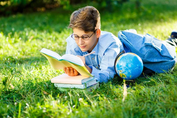 Søt Skolegutt Runde Briller Blå Trøyerettigheter Med Venstre Hånd Boken – stockfoto