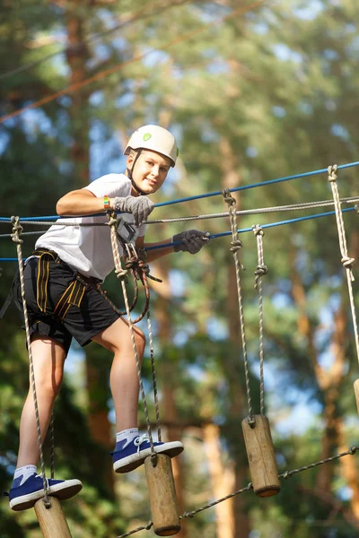 Cute Sporty Boy White Shirt Adventure Rope Activity Park Helmet — Stock Photo, Image