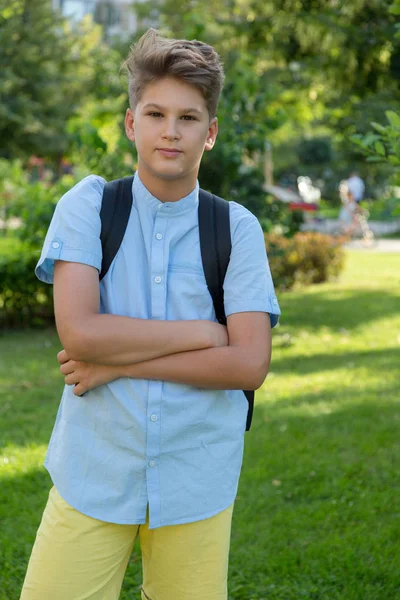 Carino Ragazzo Con Zaino Camicia Blu Nel Parco Estate Ritorno — Foto Stock