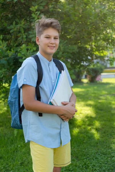 年轻的男孩在蓝色站立在草与工作簿在公园在夏天 回到学校 教育理念 — 图库照片