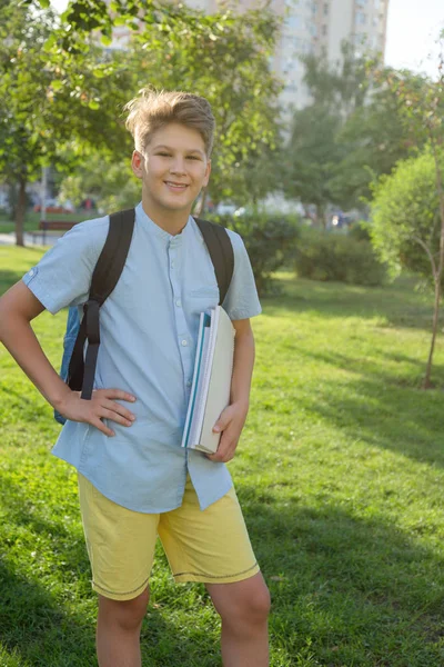 可爱的小男孩穿着蓝色衬衣在夏天在公园里抱着笔记本 回到学校 教育理念 — 图库照片