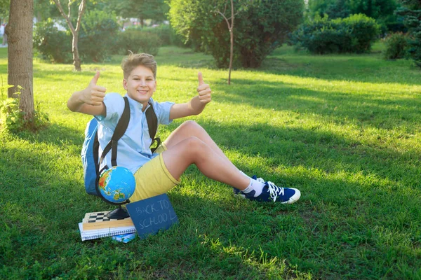 青でかわいい スマート 若い少年グローブ ブック 黒板と草の上に座っているし 夏に公園で最大の彼の親指を保持します 教育理念に戻る — ストック写真